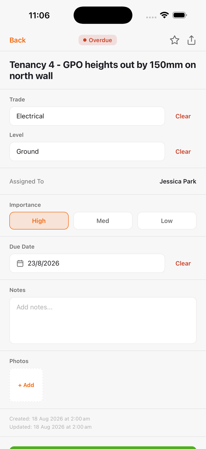An action item open in Build Pro HQ: Tenancy 4 GPO heights out by 150mm on north wall, marked Overdue, trade Electrical, level Ground, assigned to Jessica Park, importance High, due 23/8/2026, with Notes and Photos below