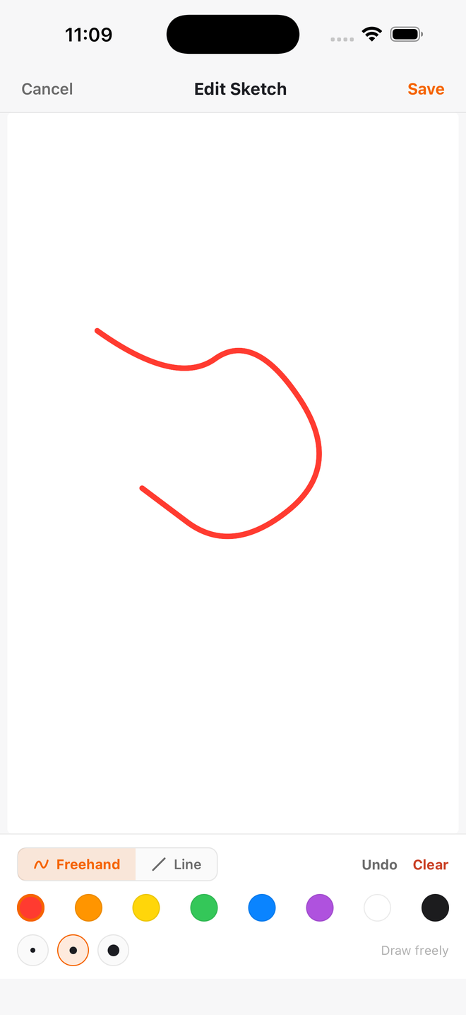 The sketch editor in Build Pro HQ with a saved freehand sketch open: Freehand and Line tools, an eight-colour palette, three brush sizes, Undo and Clear