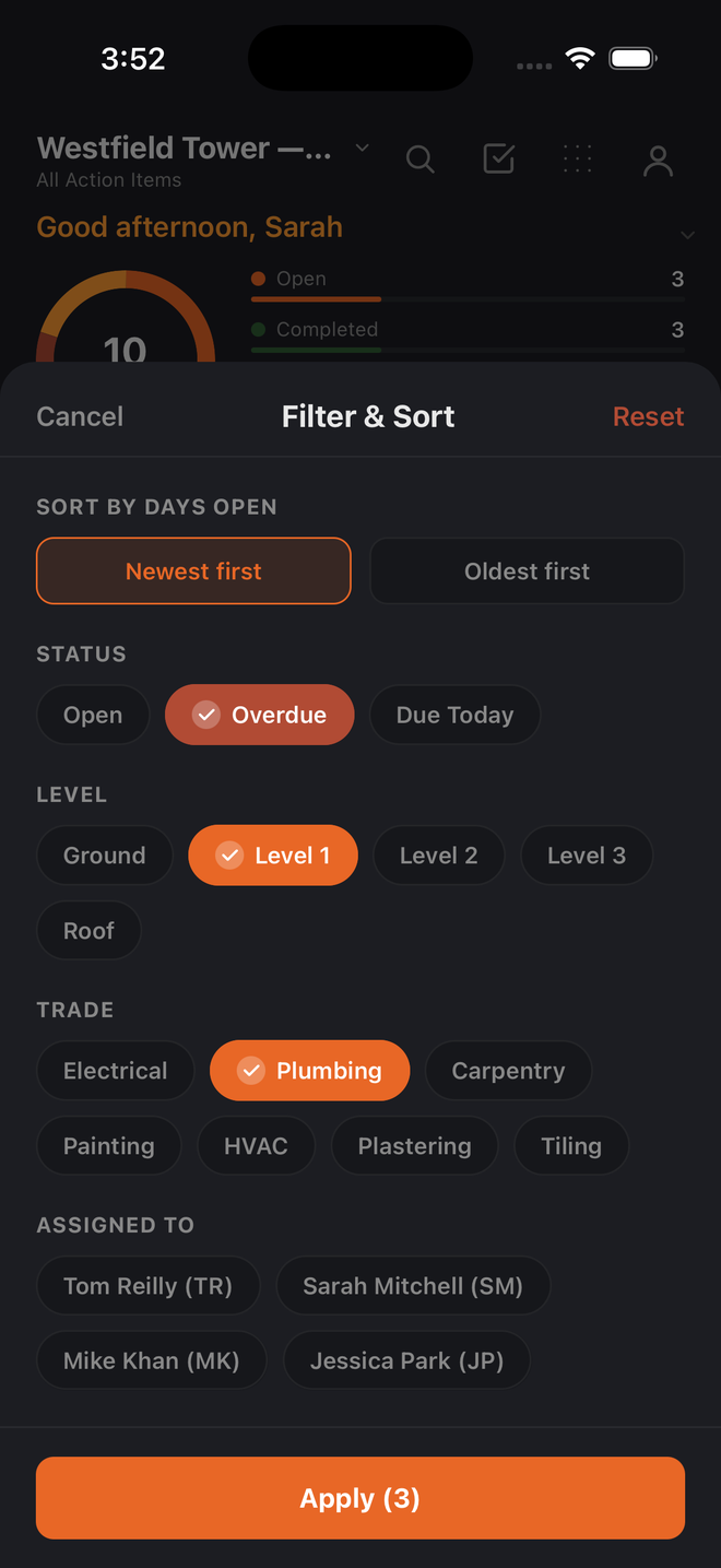 The Filter and Sort panel in Build Pro HQ, with status, level, trade and assigned-to filters