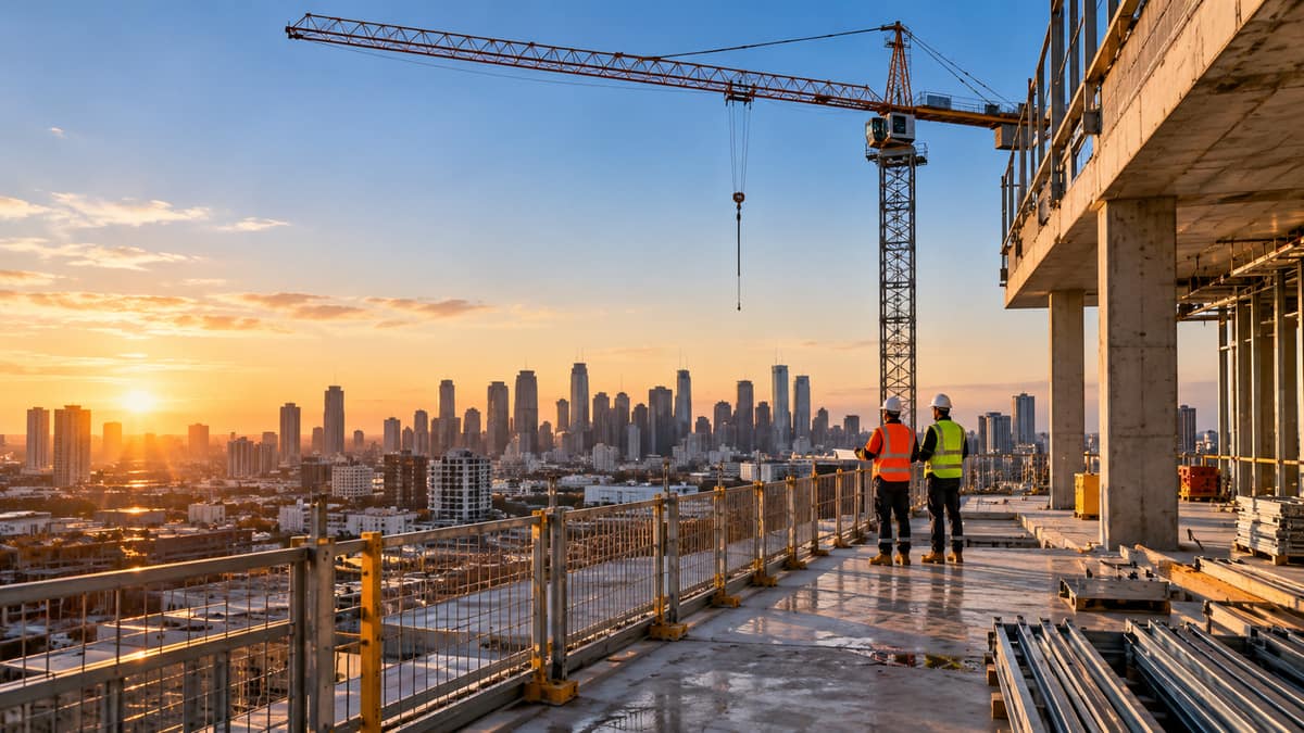 Two construction supervisors in hi-vis vests and white hard hats stand on the wet concrete deck of a building under construction, looking out past the edge railing to a tower crane and the city skyline at sunset.