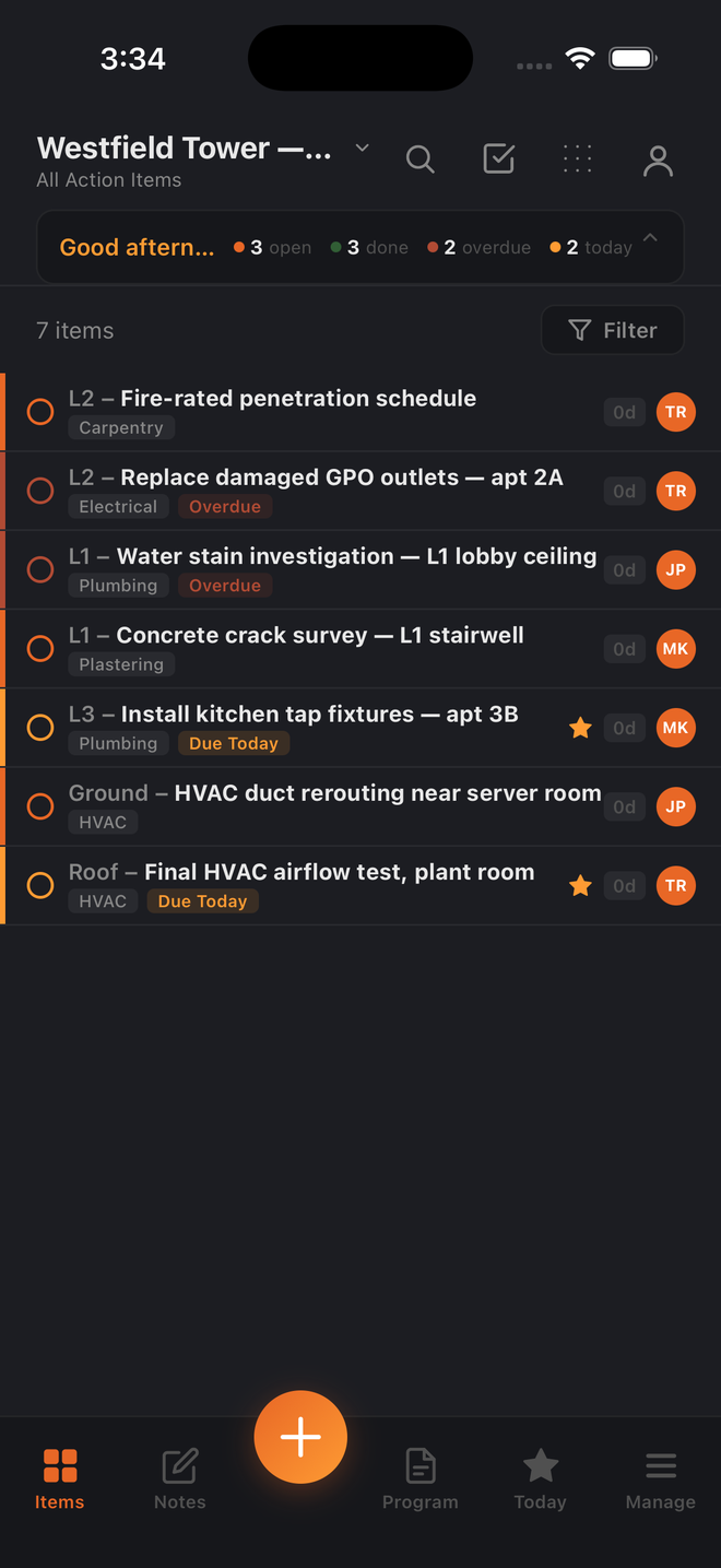 The action items list in Build Pro HQ, tasks tagged by level and trade with owner initials and status badges