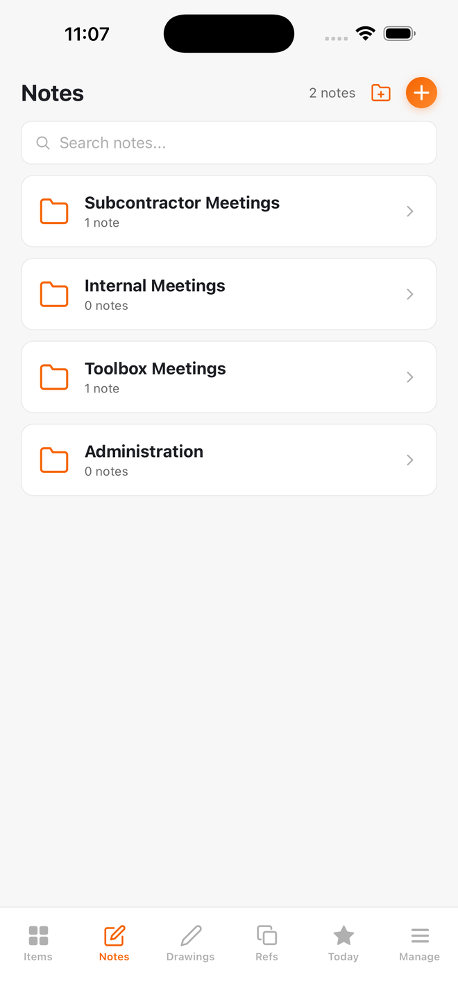 The Notes tab in Build Pro HQ: note folders for Subcontractor Meetings, Internal Meetings, Toolbox Meetings and Administration, with search and a new-folder button