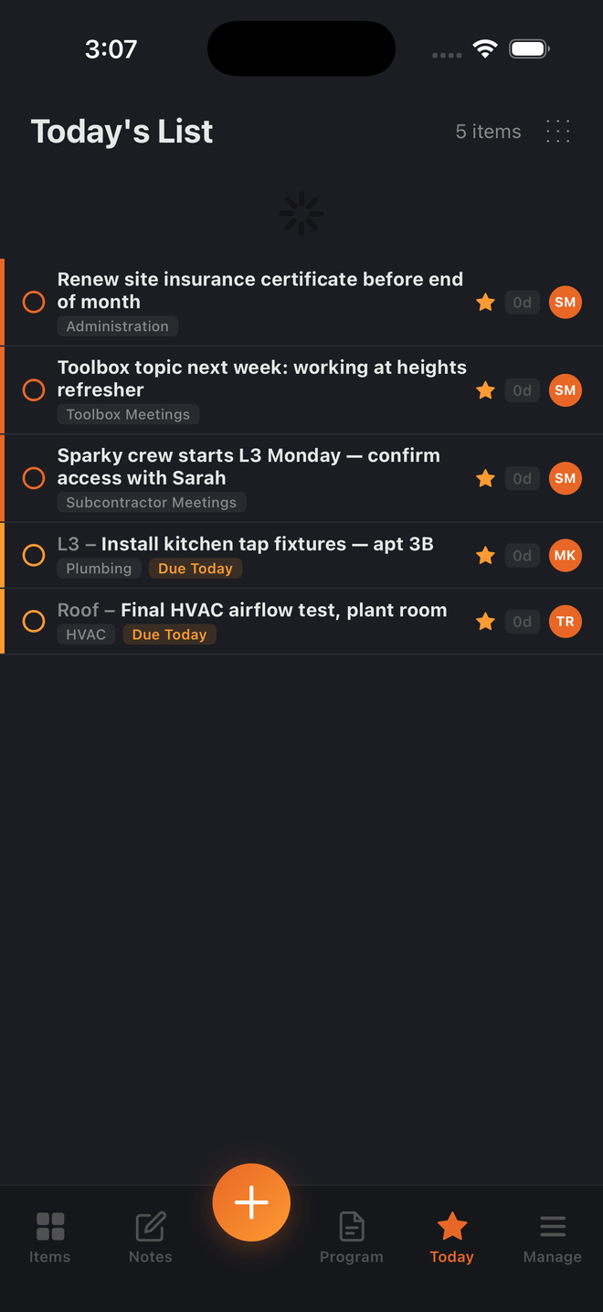 Today's Checklist in Build Pro HQ, the day's due and starred items combined into one list
