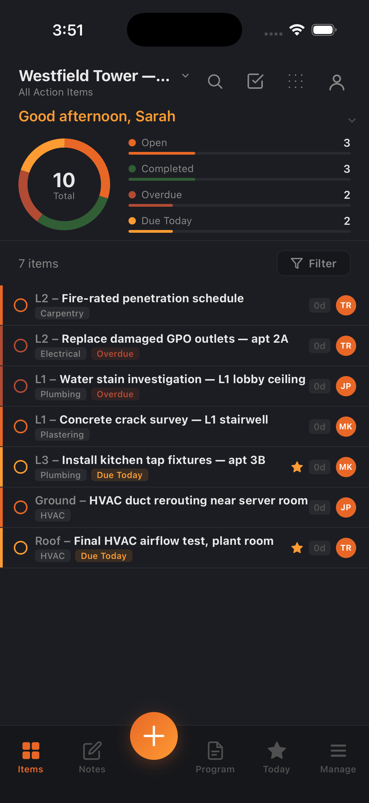 Build Pro HQ showing the completion wheel: ten items split into open, completed, overdue and due today, above the action-item list